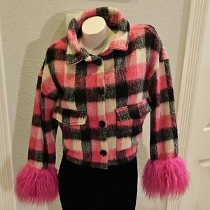 Pink Plaid Jacket w/Faux Fur Cuffs